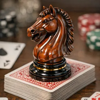 A chess knight resting on a deck of playing cards.