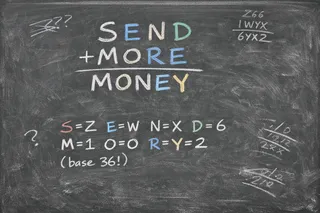 The cryptarithmetic puzzle SEND + MORE = MONEY with solution digits mapped.