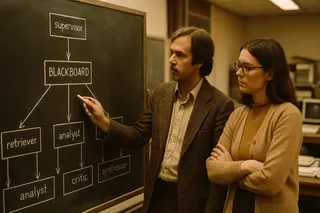 Two researchers in 1970s Carnegie Mellon laboratory pointing at a blackboard covered in a modern multi-agent system architecture diagram.
